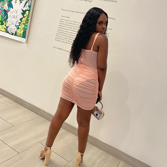 Baby Pink Body Con Mesh Dress - Picture 2 of 3